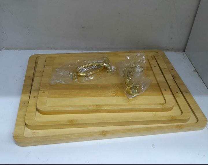 3 in 1 bamboo serving tray with gold rim handles