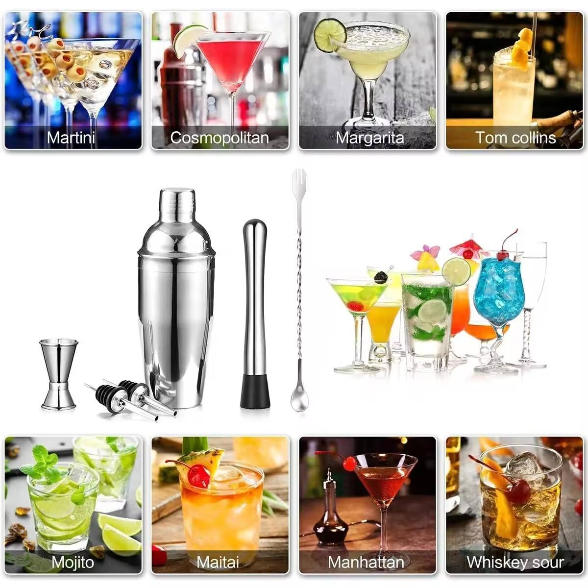 6pcs Cocktail Set Boston Shaker Mixer Stainless Steel Drink.