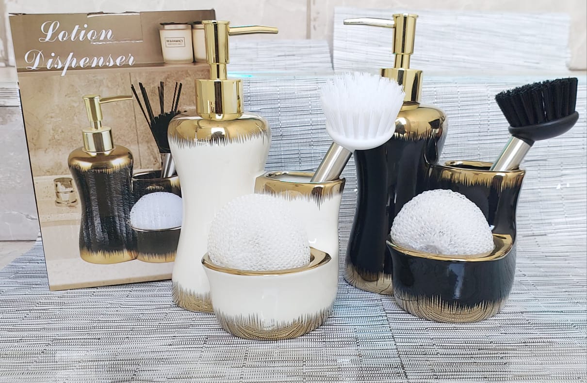 Combined 3 level ceramic lotion / soap dispenser with 2 slots brush and wash pad