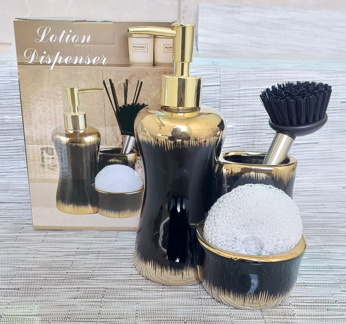 Combined 3 level ceramic lotion / soap dispenser with 2 slots brush and wash pad