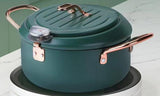 Nordic green coloured 3.4L Frying pot with thermometer and oil drain grill