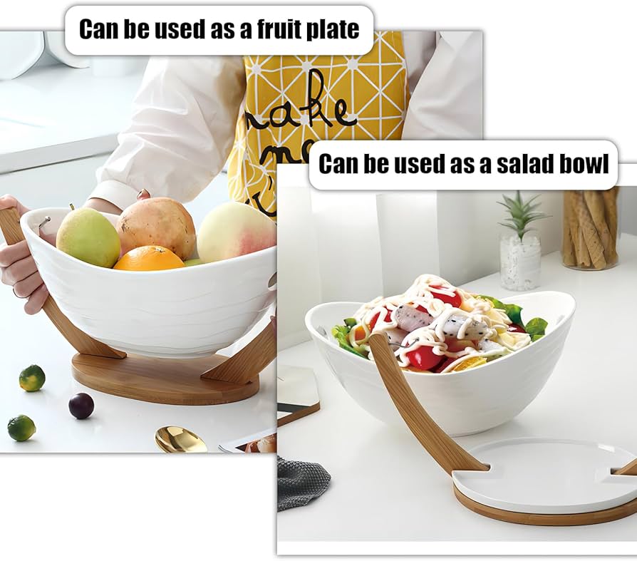 Ceramic fruit bowl on bamboo base