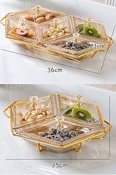 Diamond shaped acrylic dish on metallic golden frame nut and candy serving trays