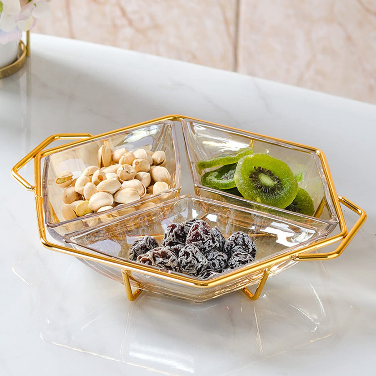 Diamond shaped acrylic dish on metallic golden frame nut and candy serving trays