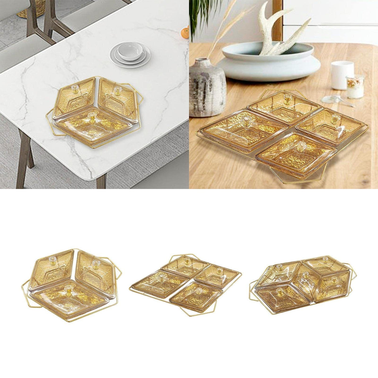 Diamond shaped acrylic dish on metallic golden frame nut and candy serving trays