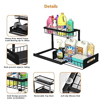 2 tier metallic sliding pull out cabinet organizer rack