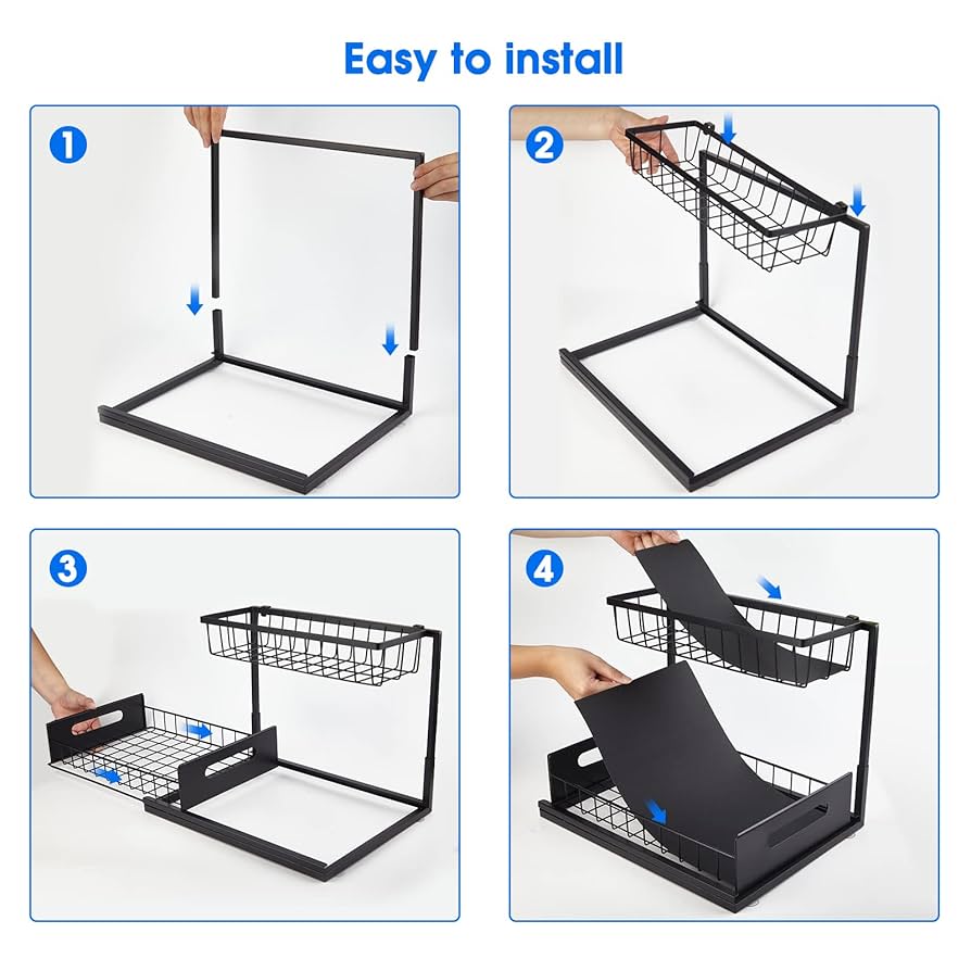 2 tier metallic sliding pull out cabinet organizer rack