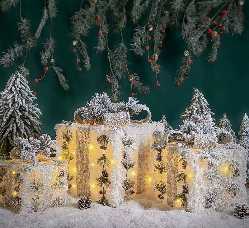 3 Piece Snow Flocked Christmas Light Gift Boxes Set with LED Lights Holiday Decoration for Home and Office