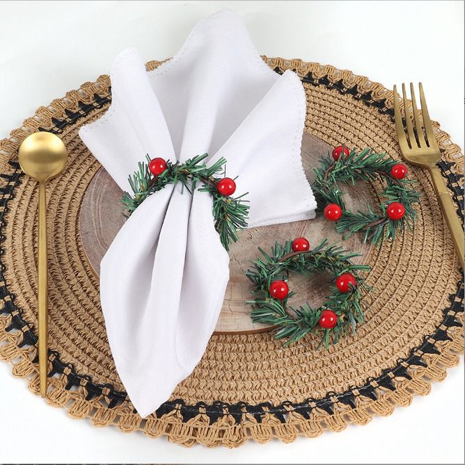Set of 6pcs Christmas Red Fruit PVC Pine Needle Napkin Ring Holder