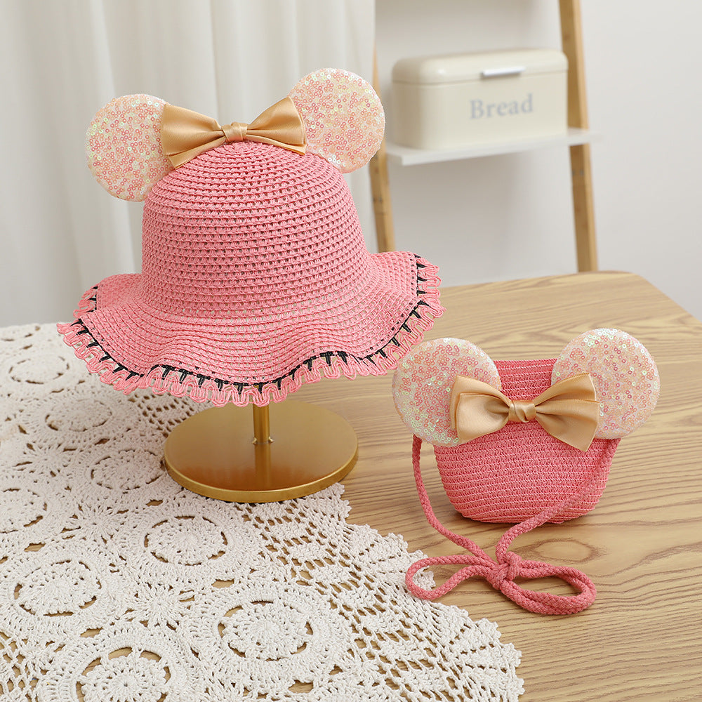 Fashion Kids summer Straw Hat and Bag set with A Bow