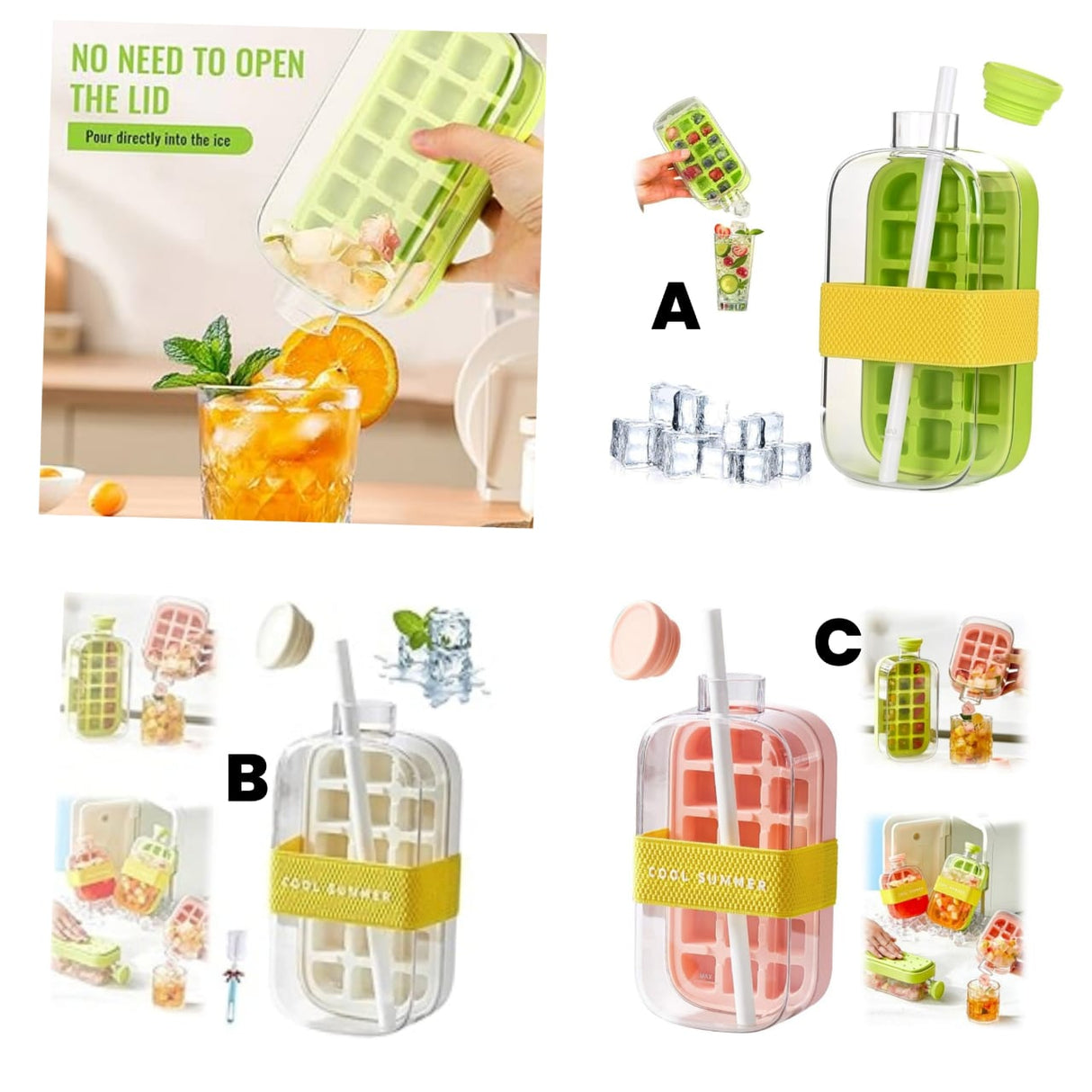 2-in-1 ice cube bottle with an integrated ice cube tray and a straw