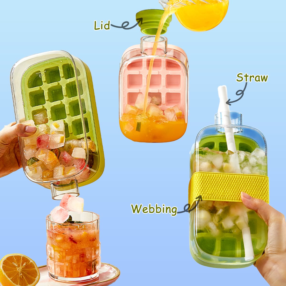 2-in-1 ice cube bottle with an integrated ice cube tray and a straw