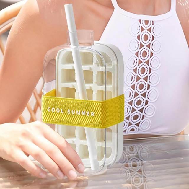 2-in-1 ice cube bottle with an integrated ice cube tray and a straw