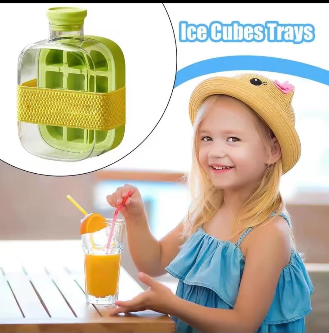 2-in-1 ice cube bottle with an integrated ice cube tray and a straw