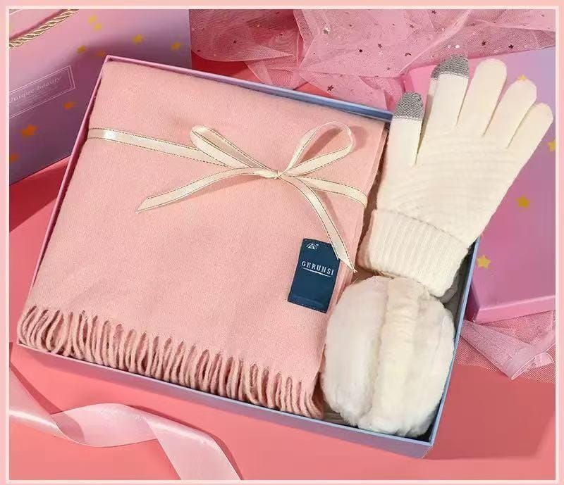 Authentic Cashmere Winter Scarf, Touch Gloves, and Ear Muffs Set