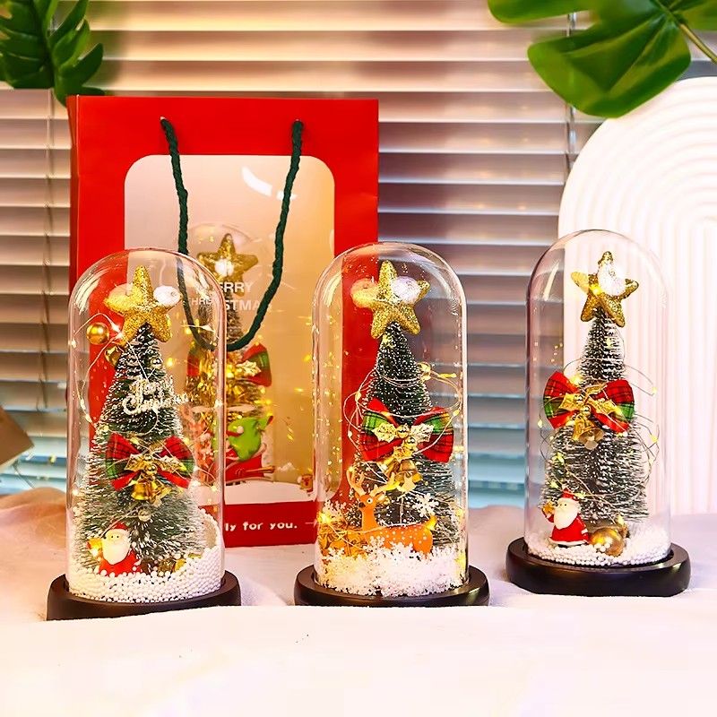 New Xmas Gift Tree in Glass Dome Christmas Decoration Led