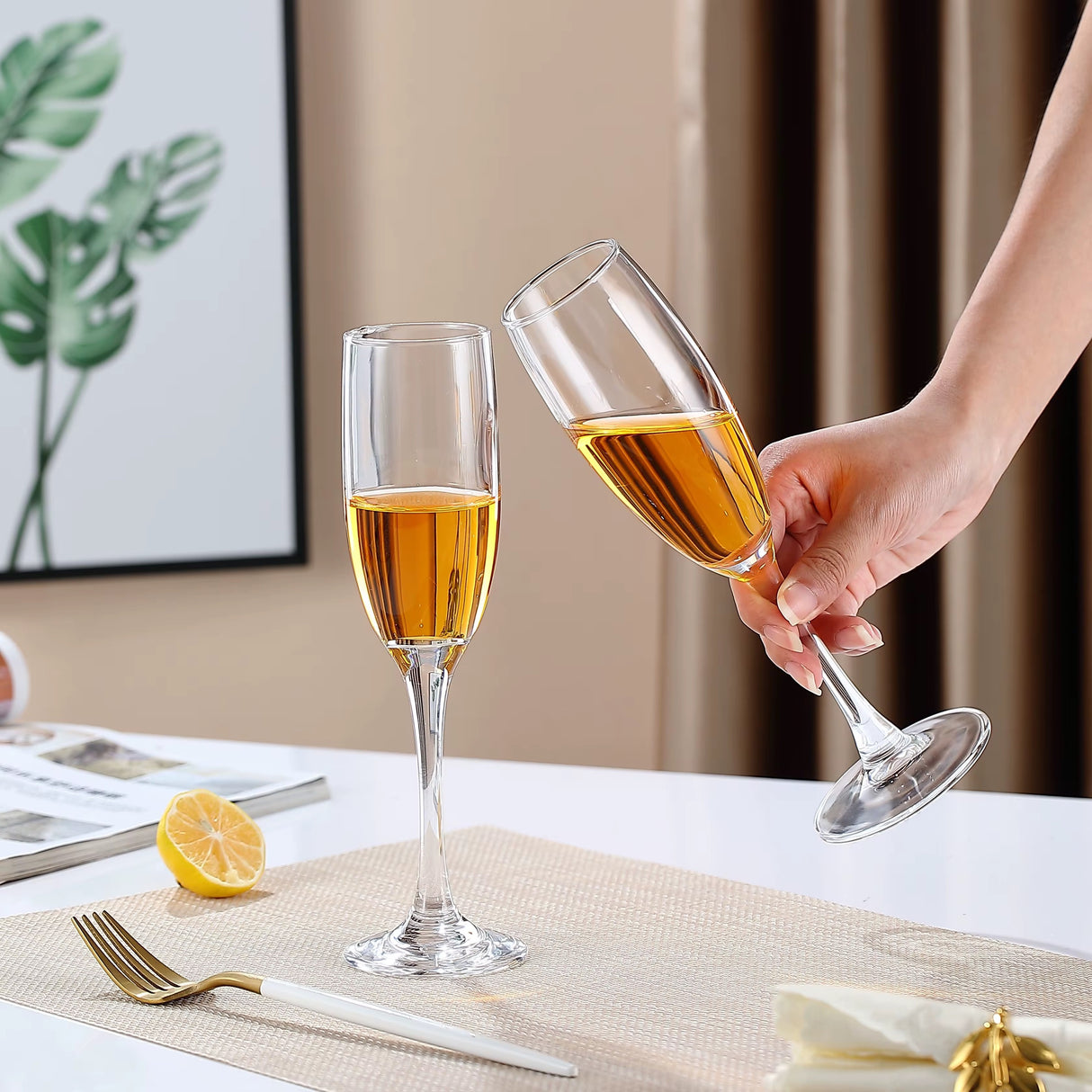 Classic Champagne Glasses Set of 6, 6oz Glass Champagne Flutes, Stemmed Champagne Flutes, Sparkling Wine Glass for Party, Wedding and Home - Clear,250ml