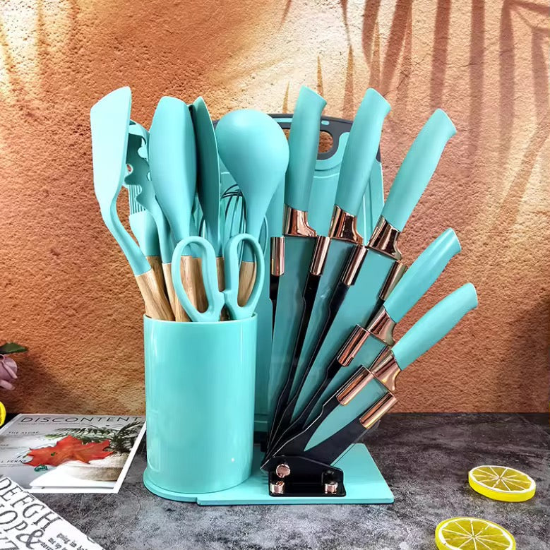 Chef Starter Set: 19 Piece Utensil Set with Stand, Knives and Board plus Extendable Cutlery Tray