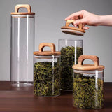 Glass Jar with Solid Wood Lid With Carry Handle Flower Tea Sealer Candy Jar Coffee Bean Organizer Coffee Storage Airtight Canister Petal Decorative Container 1000ML