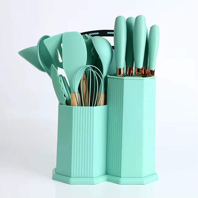 Counter Organiser Set: Rotating Knife and Utensil Rack and 19 Piece Cutlery Set with Silicone Spoons