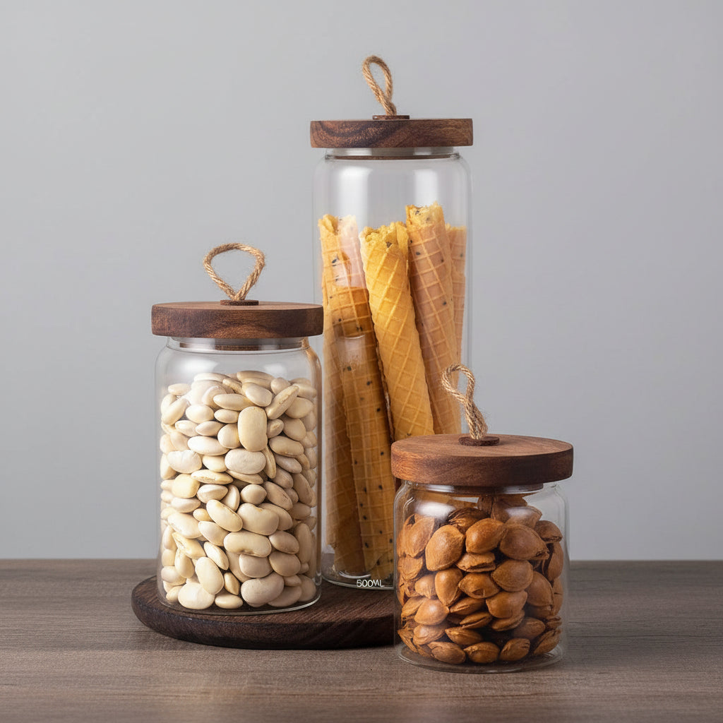 Glass Pantry Set: Danny Home 3 Piece Acacia Lid Cereal Jars, Bon Appetit 2L Clip Jar and Labels