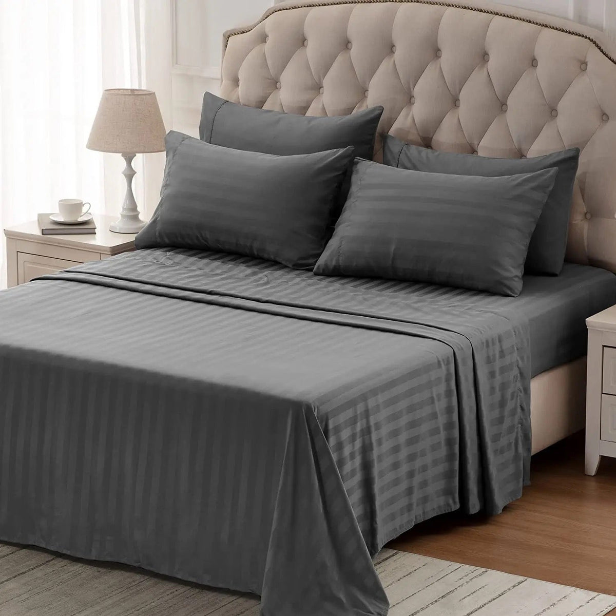Cool Sheets Set: Cotton Striped Cooling Bedsheets and 2 Pillow Protectors