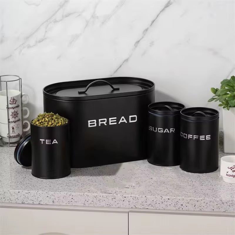 Alloy Bread Bin with 3 Labelled Airtight Canisters Set