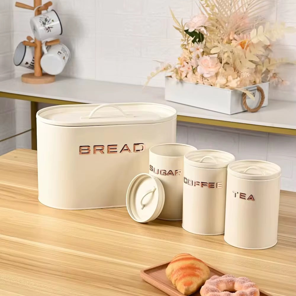 Alloy Bread Bin with 3 Labelled Airtight Canisters Set