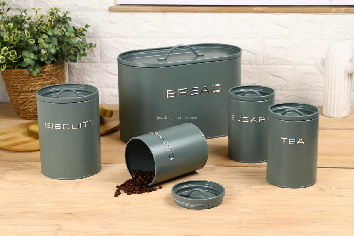 Alloy Bread Bin with 3 Labelled Airtight Canisters Set