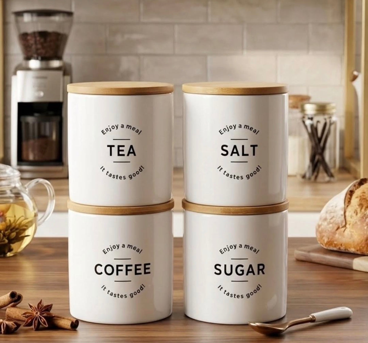 4-Piece Ceramic Canister Set – Tea, Coffee, Sugar & Salt 500ml Off White