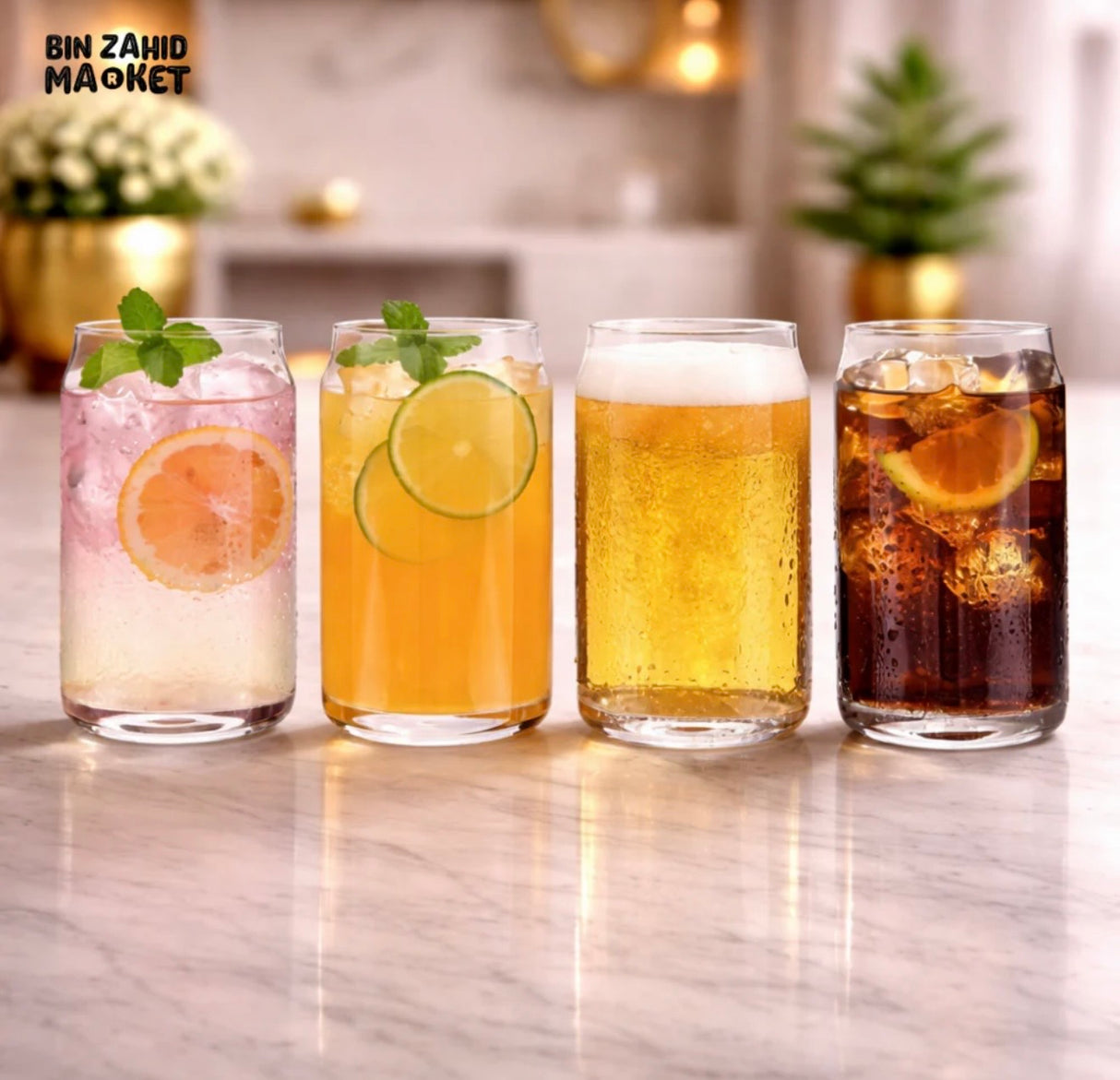 Danny Home Can Shape Glass Set of 4 | 500ml Contemporary Can Glasses for Cold Drinks & Juice