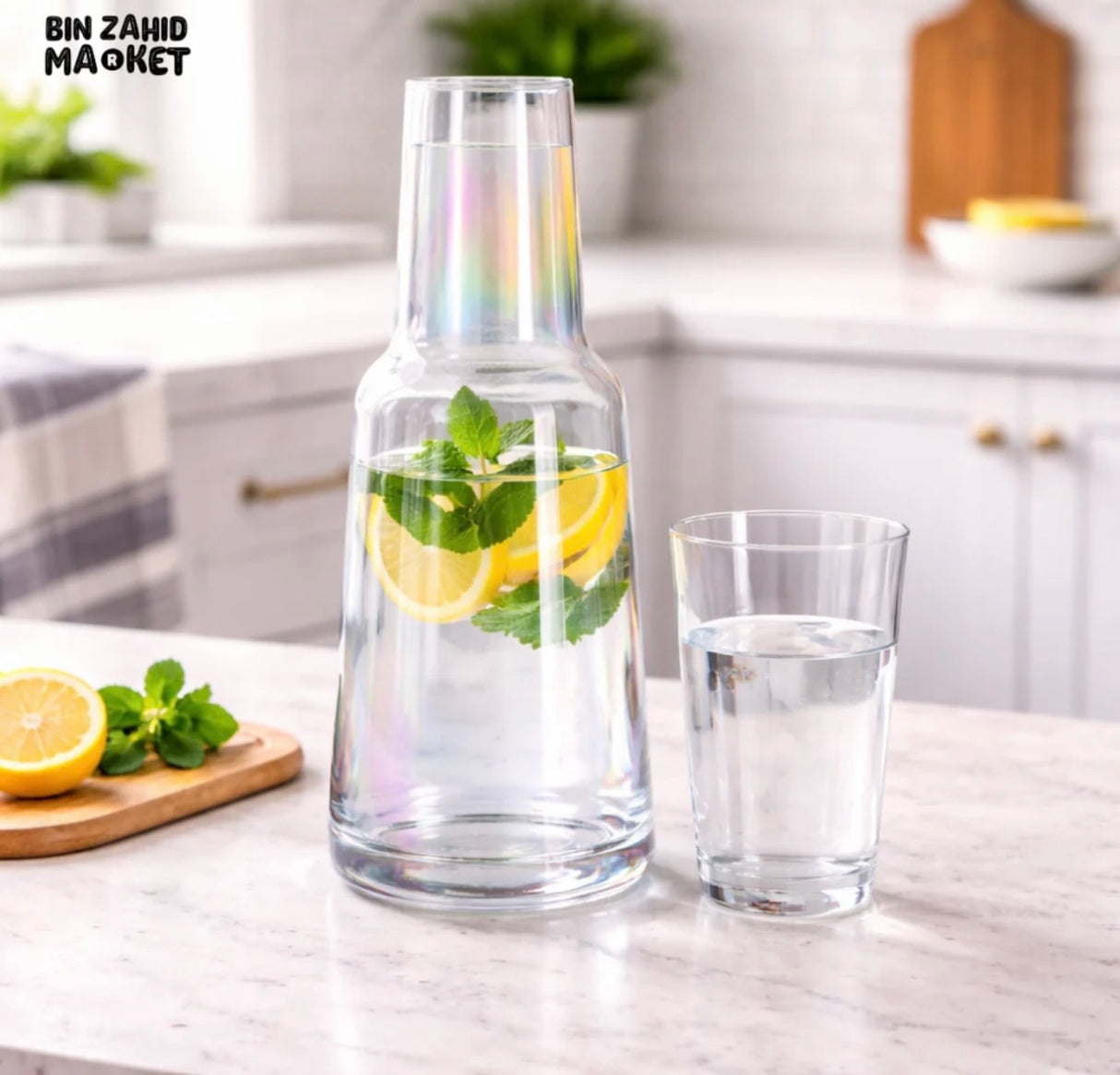 Danny Home Premium Iridescent Glass Water Carafe & Glass Set | 1L Pearl Lustre Carafe with Tumbler