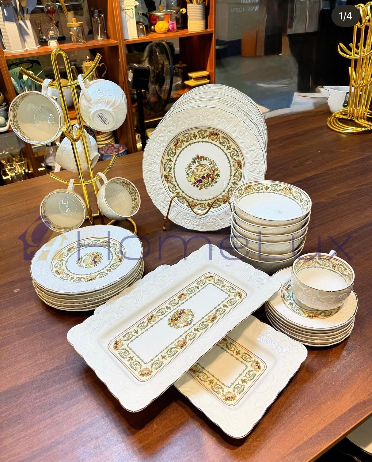 Danny Home 32-Piece Porcelain Dinnerware Set | Blue Floral Gold Edge Dinner Set with Cups, Saucers, Bowls & Oval Platter