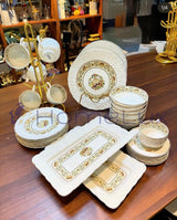 Danny Home 32-Piece Porcelain Dinnerware Set | Blue Floral Gold Edge Dinner Set with Cups, Saucers, Bowls & Oval Platter