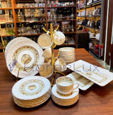 Danny Home 32-Piece Porcelain Dinnerware Set | Blue Floral Gold Edge Dinner Set with Cups, Saucers, Bowls & Oval Platter
