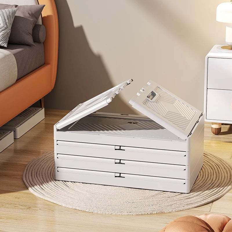 Folding Storage Box with Doors and Wheels  Collapsible Plastic Storage Bin for Closet, Bedroom & Kids Room Stackable Organiser