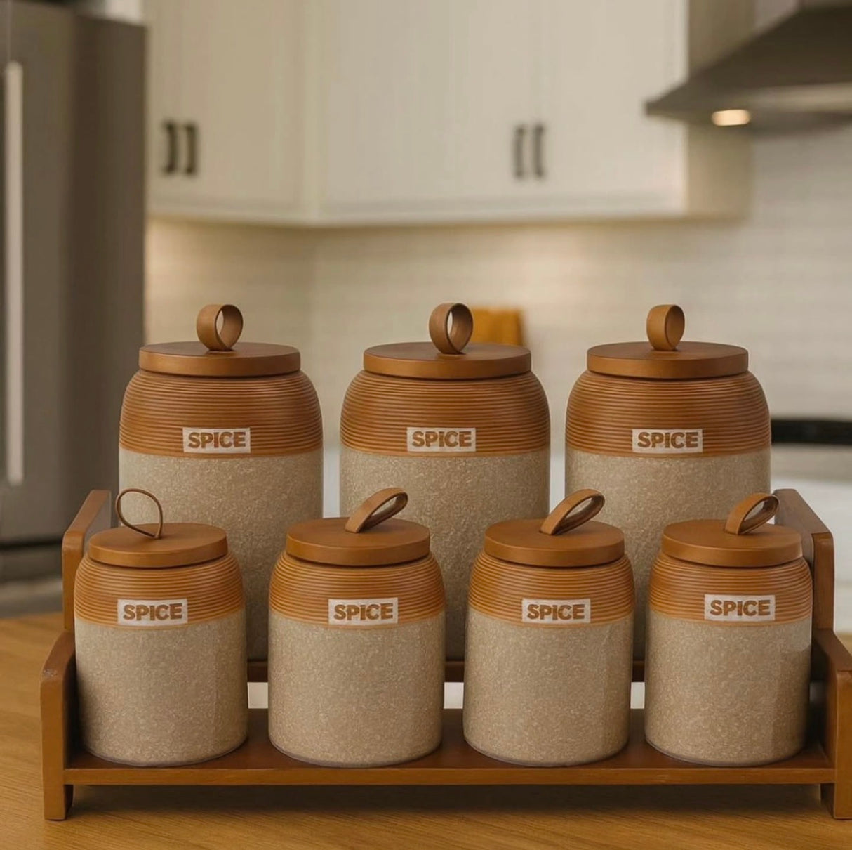 7pc Speckled Ceramic Spice Jar Set with Wooden Stand – Japandi Kitchen Storage Kenya