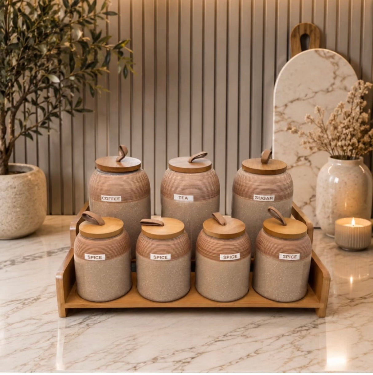 7pc Speckled Ceramic Spice Jar Set with Wooden Stand – Japandi Kitchen Storage Kenya