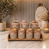 7pc Speckled Ceramic Spice Jar Set with Wooden Stand – Japandi Kitchen Storage Kenya