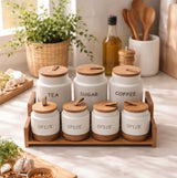 7pc White Speckled Ceramic Canister Set with Wooden Stand – Tea, Coffee, Sugar & Spice Jars Kenya