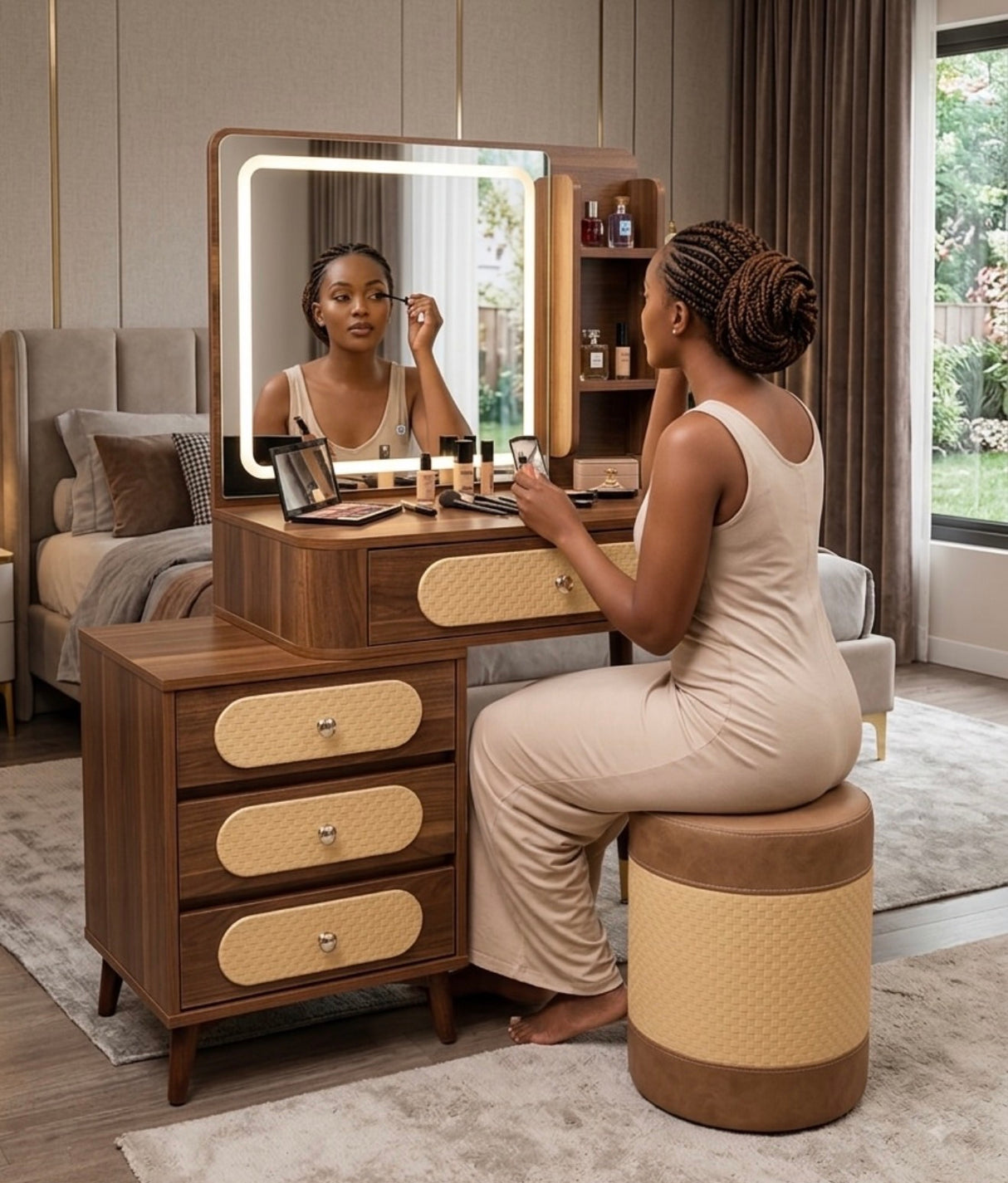 Rattan LED Dressing Table 100cm – Solid Wood Vanity Desk with Detachable 3-Drawer Side Cabinet & Touch LED Mirror | Kenya