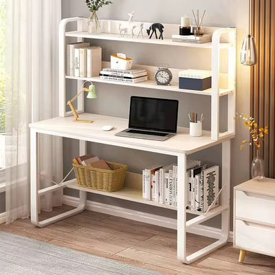 Study Workstation Desk with Hutch Shelves Walnut | Computer Desk with 2 Upper Shelves and Black Steel Frame