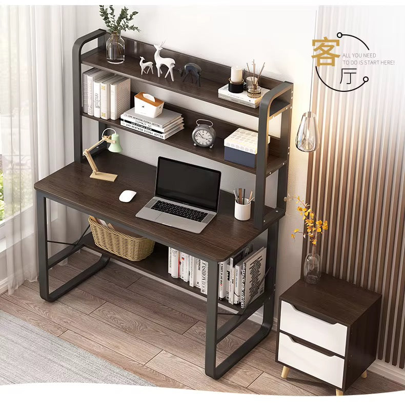 Study Workstation Desk with Hutch Shelves Walnut | Computer Desk with 2 Upper Shelves and Black Steel Frame