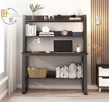 Study Workstation Desk with Hutch Shelves Walnut | Computer Desk with 2 Upper Shelves and Black Steel Frame