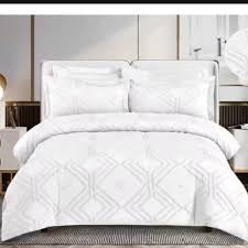 White Ogee Jacquard 6 Piece Duvet Cover Set 6x6 - Quilt Cover, Bedsheet & 4 Pillowcases