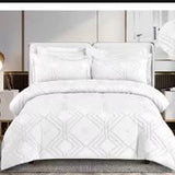 White Ogee Jacquard 6 Piece Duvet Cover Set 6x6 - Quilt Cover, Bedsheet & 4 Pillowcases