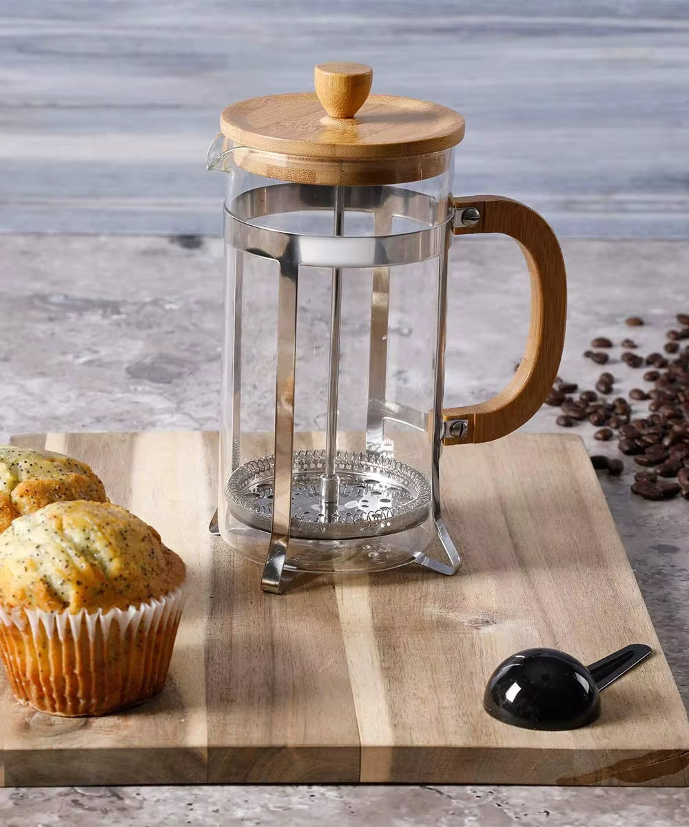 1000ml French press with heat-resistant borosilicate glass & stainless steel filter. Brew rich, smooth coffee at home, office or camp. Durable, eco-friendly.