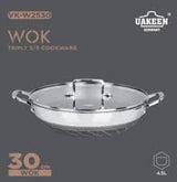 30cm Wok Pan  4.5L Deep Skillet Griddle with Lid – Tripply S/S Stainless Steel, Honeycomb Non-Stick Coating – Induction Compatible Stir-Fry Pan