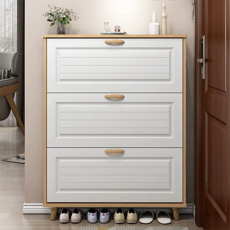 Wooden Shoe Rack Cabinet 140cm Cream with Louvre Doors | Wide 3 Tier Shoe Cabinet with Flip Down Doors for Families, 35cm Deep