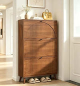 Wooden Shoe Rack Cabinet 140cm Cream with Louvre Doors | Wide 3 Tier Shoe Cabinet with Flip Down Doors for Families, 35cm Deep